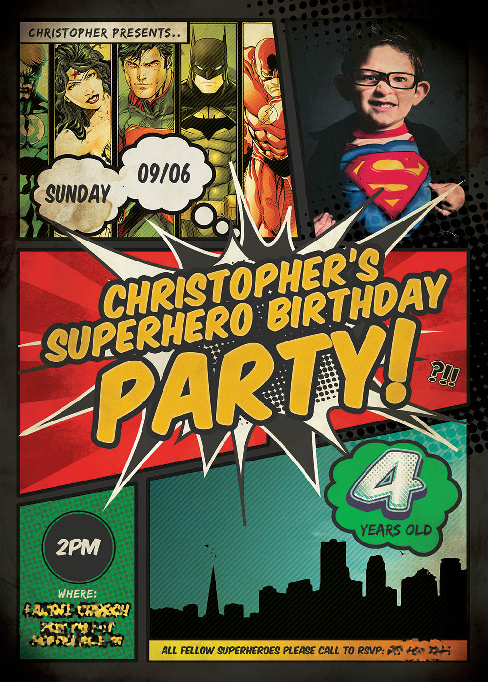 Kids Superhero Photo Birthday Invitation